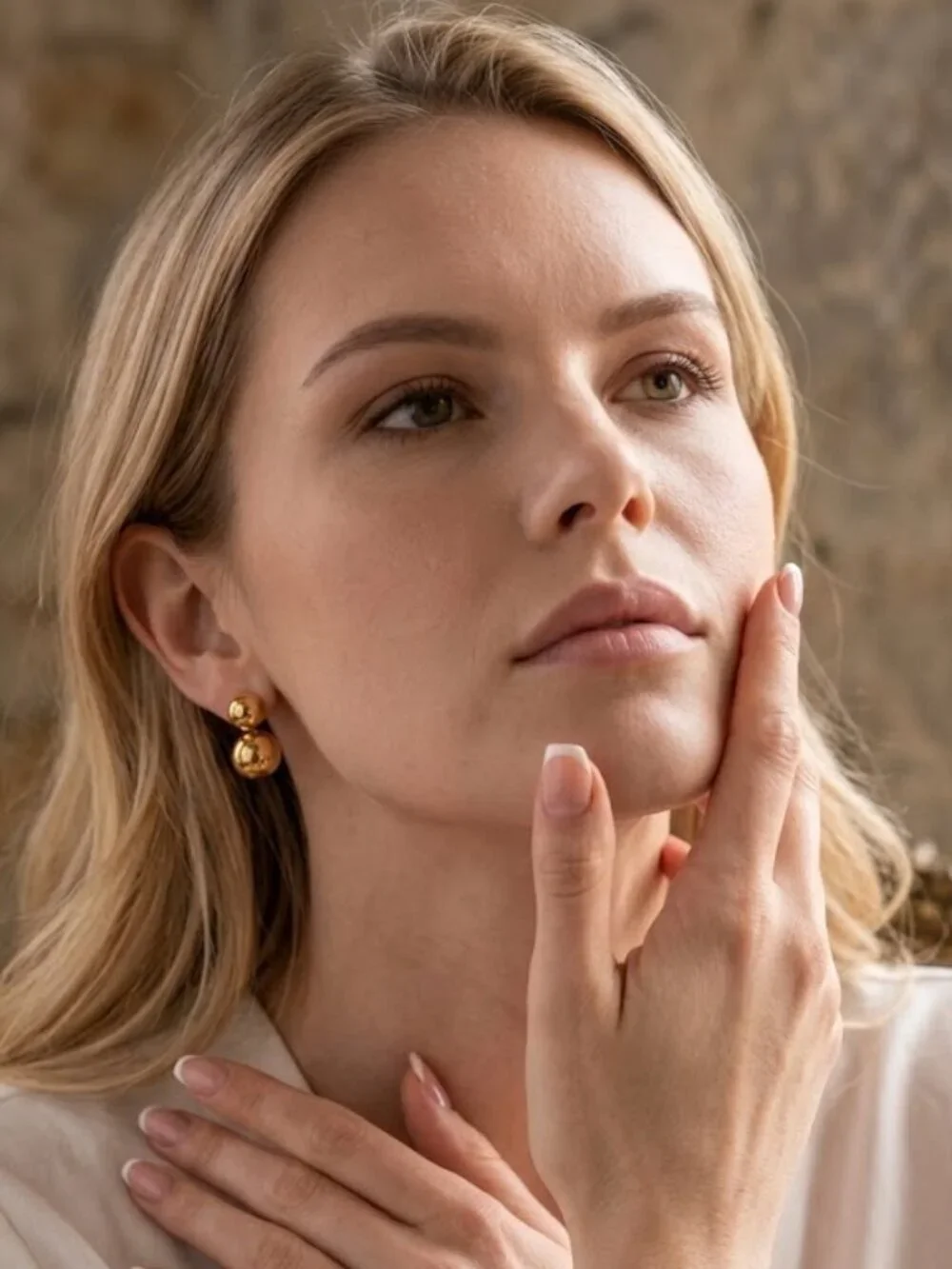 18K Gold Plated Double Ball Drop Stud Earrings Sculptural Old Money 0.8
